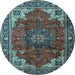 Round Machine Washable Medallion Light Blue Traditional Rug, wshtr2575lblu