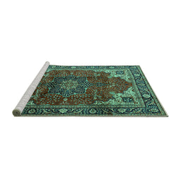 Sideview of Machine Washable Medallion Turquoise Traditional Area Rugs, wshtr2575turq