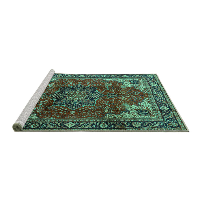 Sideview of Machine Washable Medallion Turquoise Traditional Area Rugs, wshtr2575turq