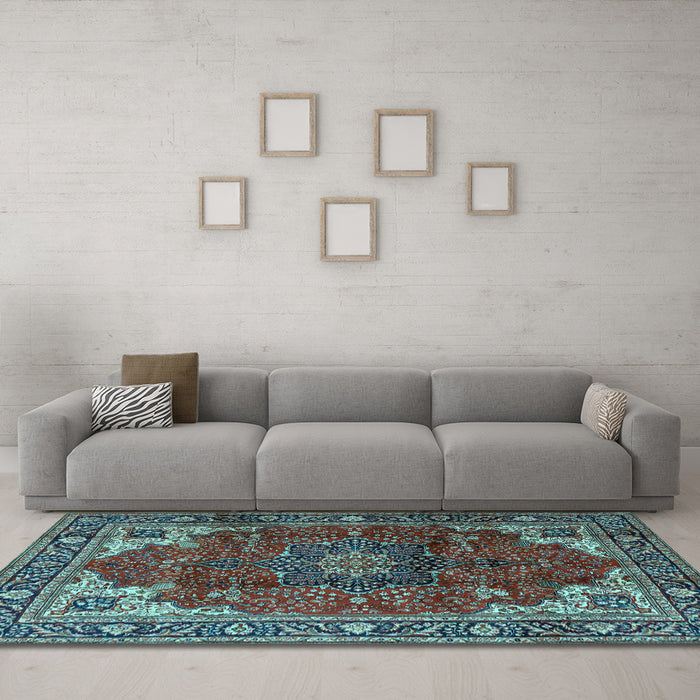 Machine Washable Medallion Light Blue Traditional Rug in a Living Room, wshtr2575lblu
