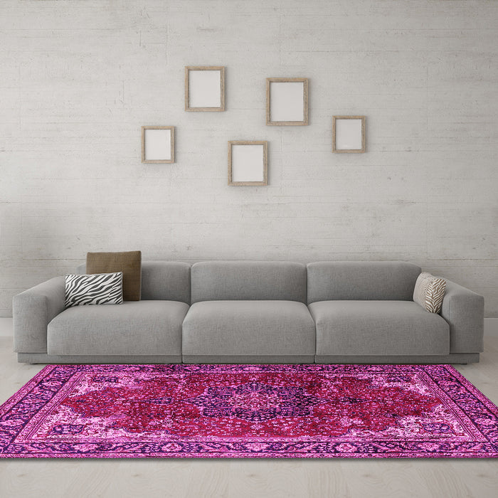 Machine Washable Medallion Pink Traditional Rug in a Living Room, wshtr2575pnk
