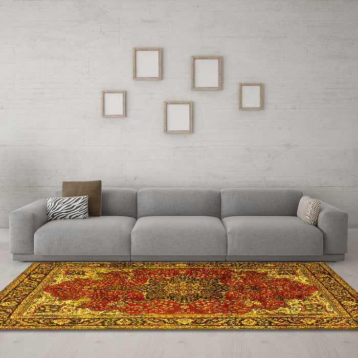 Machine Washable Medallion Yellow Traditional Rug in a Living Room, wshtr2575yw