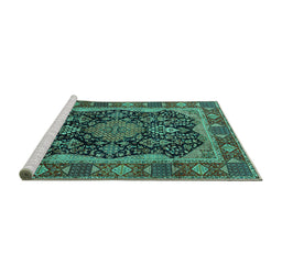 Sideview of Machine Washable Persian Turquoise Traditional Area Rugs, wshtr2577turq