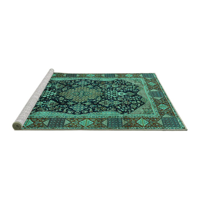 Sideview of Machine Washable Persian Turquoise Traditional Area Rugs, wshtr2577turq