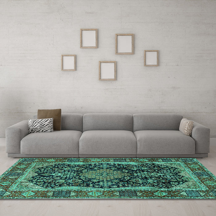 Machine Washable Persian Turquoise Traditional Area Rugs in a Living Room,, wshtr2577turq