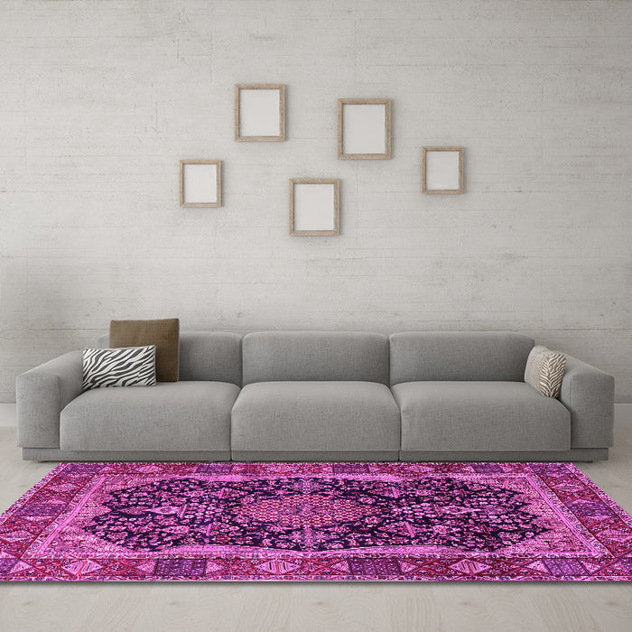 Machine Washable Persian Pink Traditional Rug in a Living Room, wshtr2577pnk