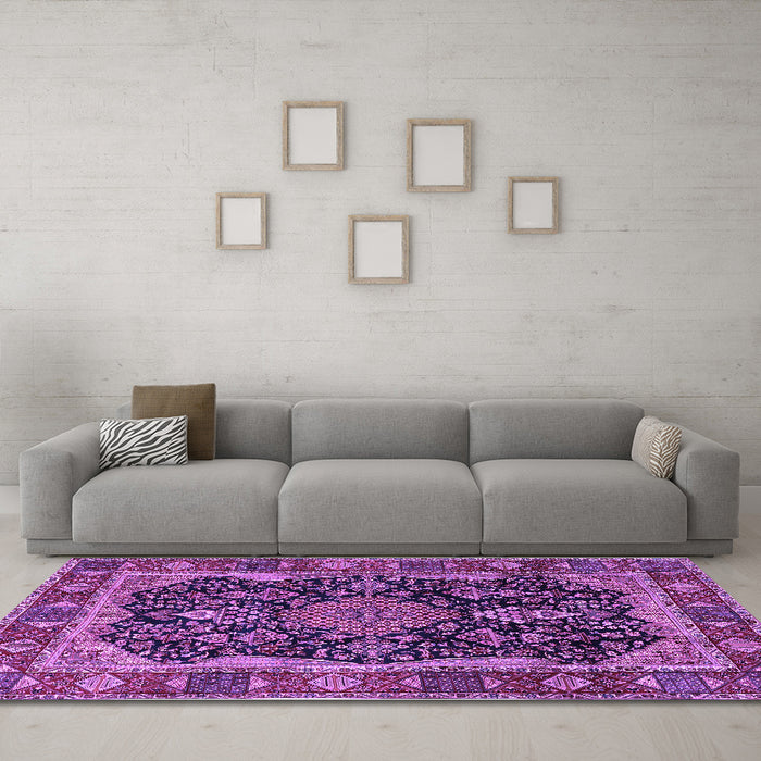 Machine Washable Persian Purple Traditional Area Rugs in a Living Room, wshtr2577pur