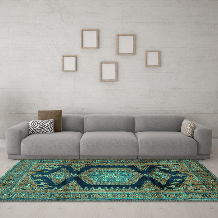 Machine Washable Persian Turquoise Traditional Area Rugs in a Living Room,, wshtr2578turq