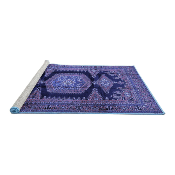 Sideview of Machine Washable Persian Blue Traditional Rug, wshtr2578blu