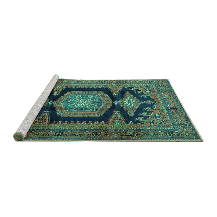 Sideview of Machine Washable Persian Turquoise Traditional Area Rugs, wshtr2578turq