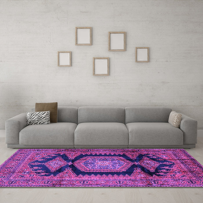 Machine Washable Persian Purple Traditional Area Rugs in a Living Room, wshtr2578pur