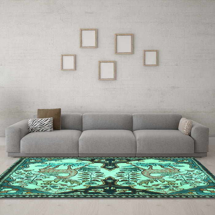 Machine Washable Persian Turquoise Traditional Area Rugs in a Living Room,, wshtr2579turq