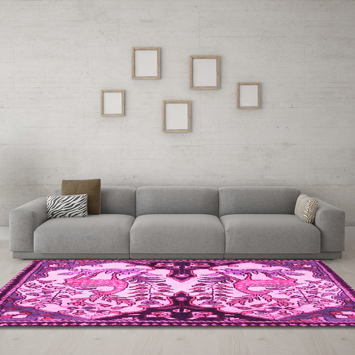 Machine Washable Persian Pink Traditional Rug in a Living Room, wshtr2579pnk