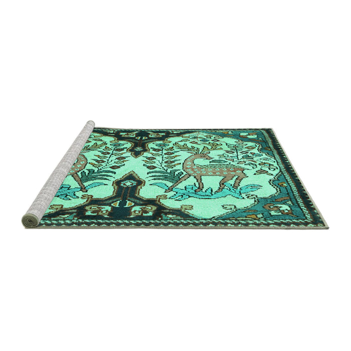 Sideview of Machine Washable Persian Turquoise Traditional Area Rugs, wshtr2579turq