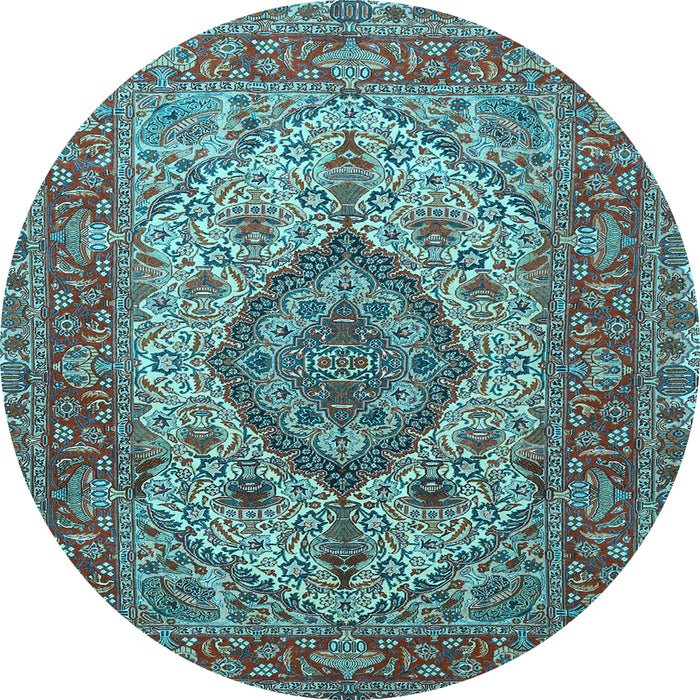 Round Machine Washable Medallion Light Blue Traditional Rug, wshtr257lblu
