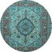 Round Machine Washable Medallion Light Blue Traditional Rug, wshtr257lblu