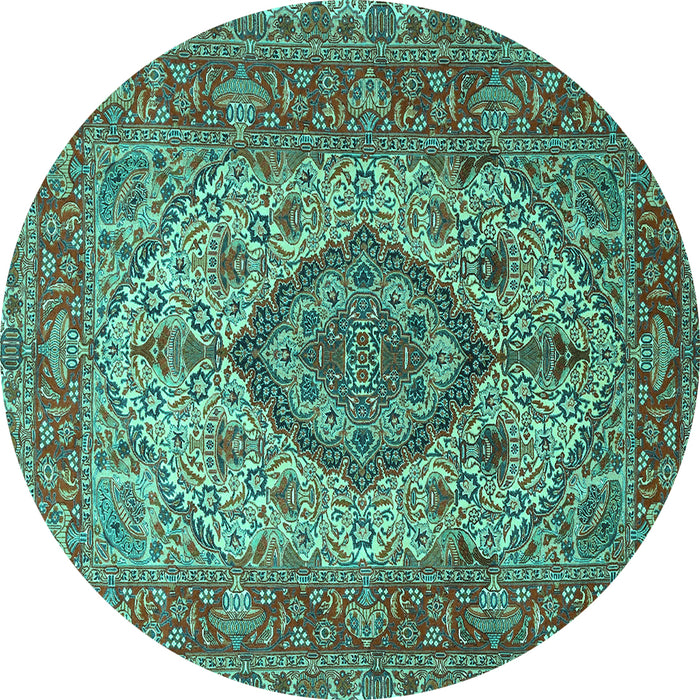 Round Machine Washable Medallion Turquoise Traditional Area Rugs, wshtr257turq