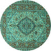 Round Machine Washable Medallion Turquoise Traditional Area Rugs, wshtr257turq