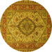 Round Machine Washable Medallion Yellow Traditional Rug, wshtr257yw