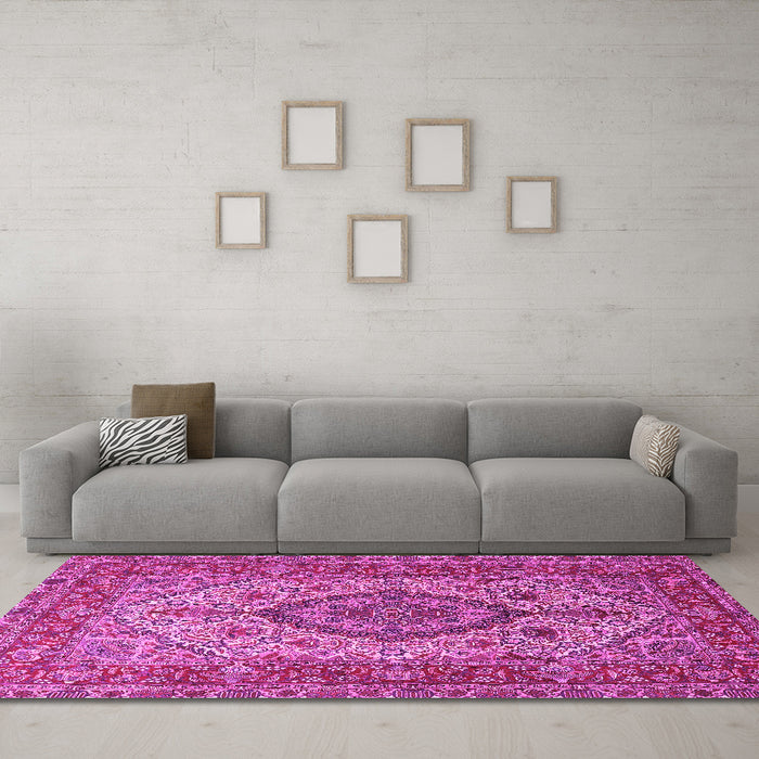 Machine Washable Medallion Pink Traditional Rug in a Living Room, wshtr257pnk