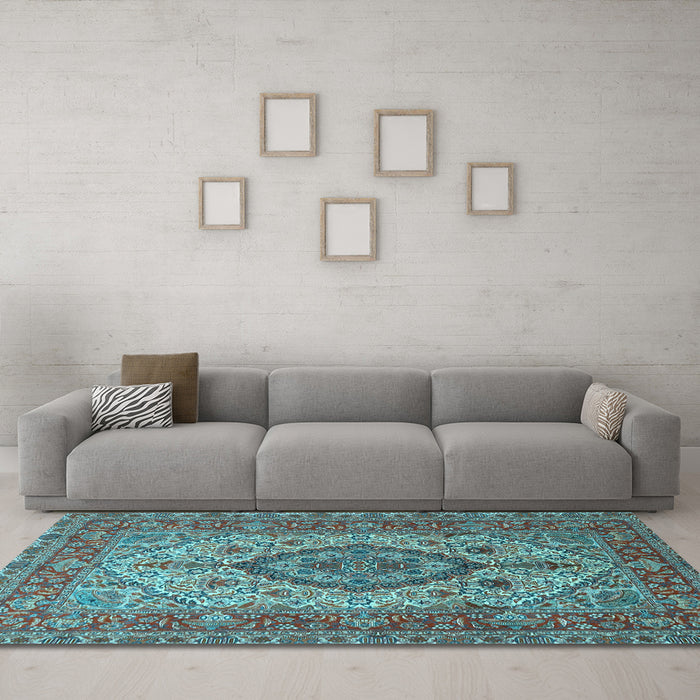 Machine Washable Medallion Light Blue Traditional Rug in a Living Room, wshtr257lblu