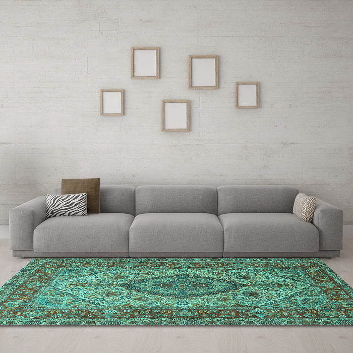 Machine Washable Medallion Turquoise Traditional Area Rugs in a Living Room,, wshtr257turq