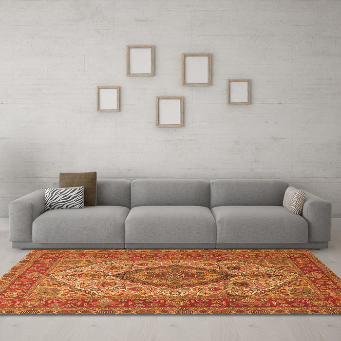 Machine Washable Medallion Orange Traditional Area Rugs in a Living Room, wshtr257org