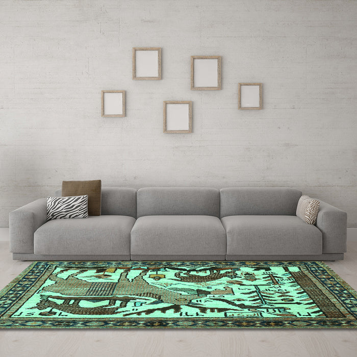 Machine Washable Animal Turquoise Traditional Area Rugs in a Living Room,, wshtr2580turq