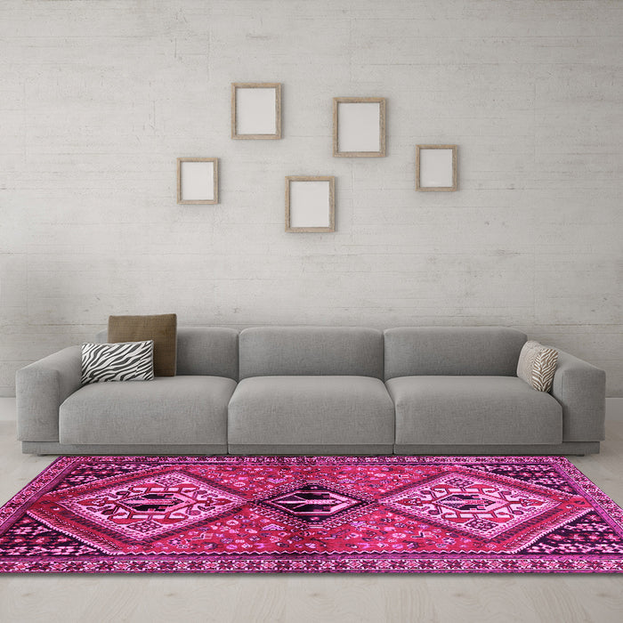 Machine Washable Persian Pink Traditional Rug in a Living Room, wshtr2581pnk
