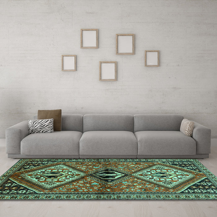 Machine Washable Persian Turquoise Traditional Area Rugs in a Living Room,, wshtr2581turq