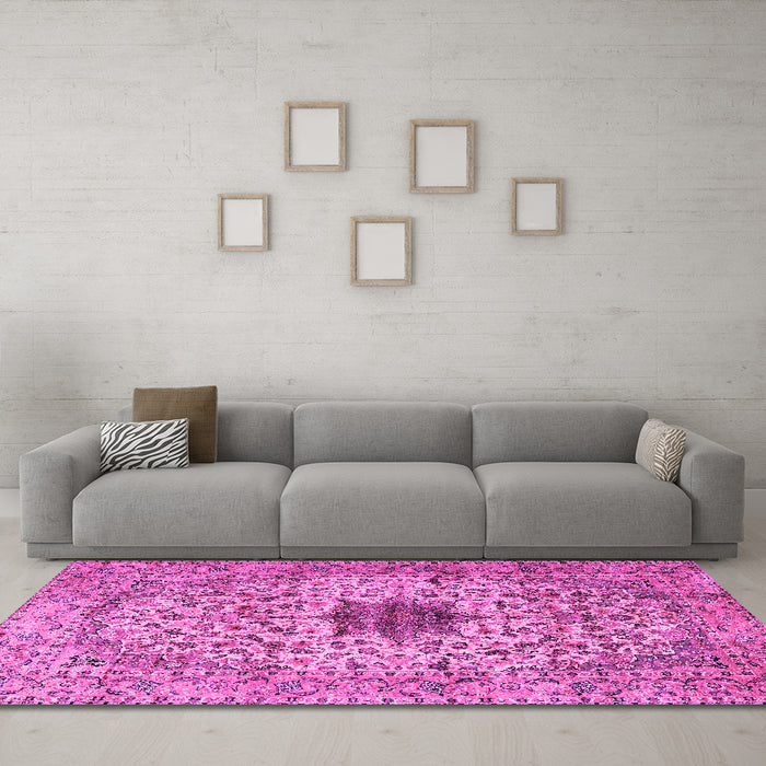 Machine Washable Persian Pink Traditional Rug in a Living Room, wshtr2583pnk