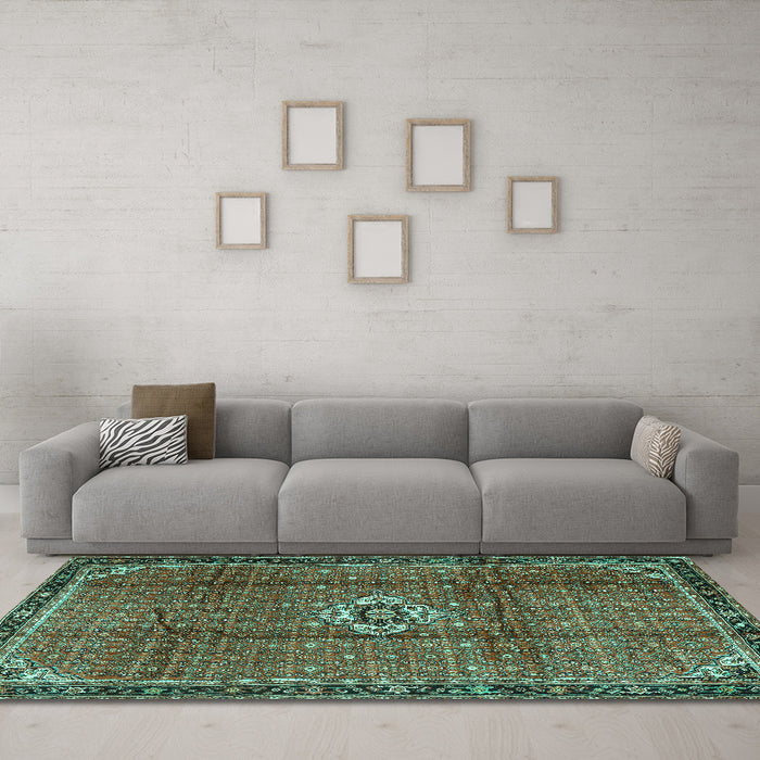 Machine Washable Persian Turquoise Traditional Area Rugs in a Living Room,, wshtr2585turq