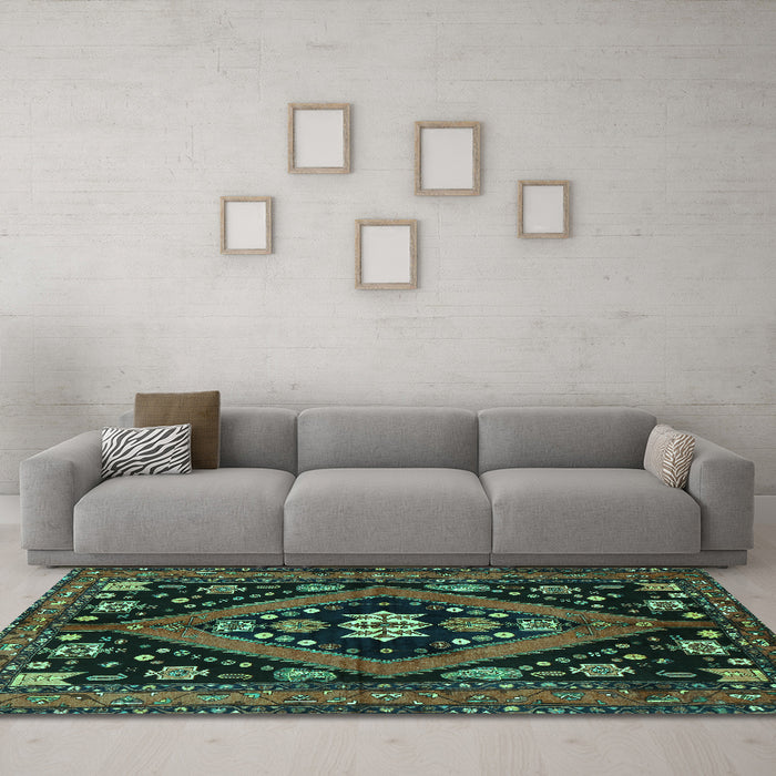 Machine Washable Persian Turquoise Traditional Area Rugs in a Living Room,, wshtr2586turq