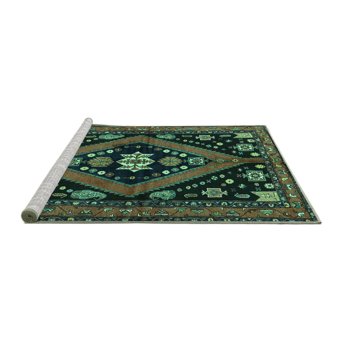 Sideview of Machine Washable Persian Turquoise Traditional Area Rugs, wshtr2586turq