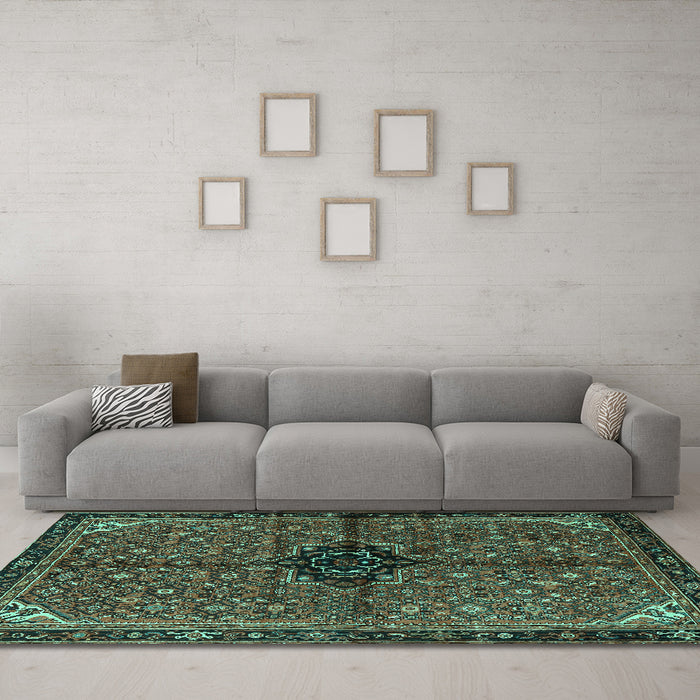 Machine Washable Persian Turquoise Traditional Area Rugs in a Living Room,, wshtr2588turq