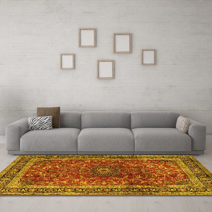 Machine Washable Persian Yellow Traditional Rug in a Living Room, wshtr2589yw