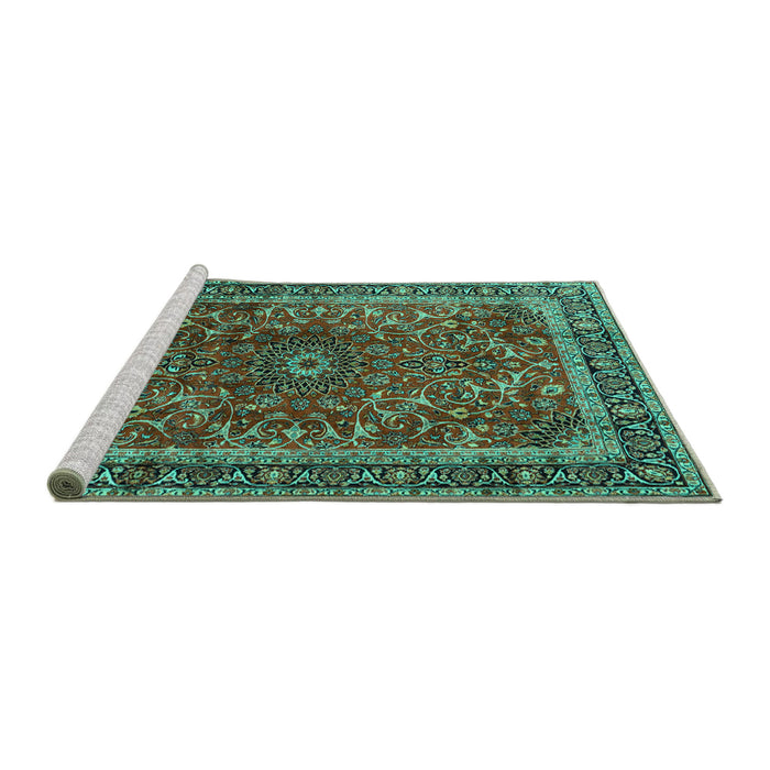 Sideview of Machine Washable Persian Turquoise Traditional Area Rugs, wshtr2589turq
