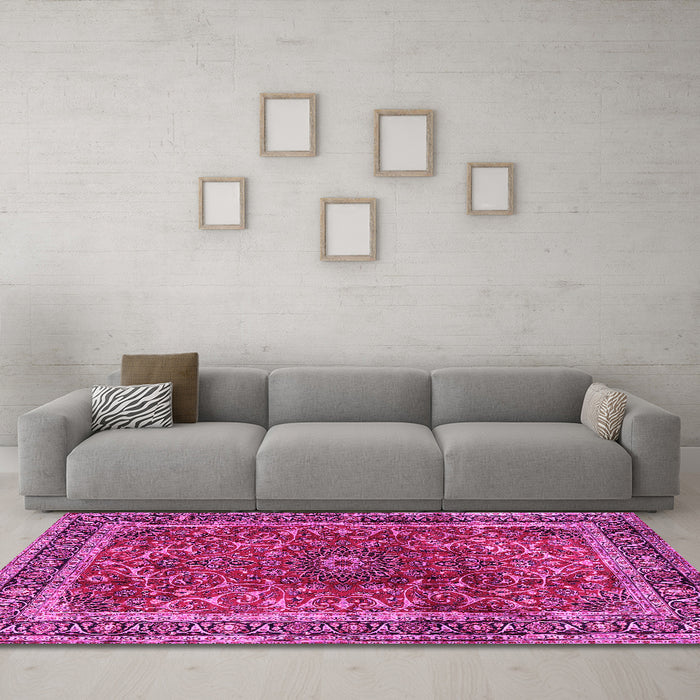 Machine Washable Persian Pink Traditional Rug in a Living Room, wshtr2589pnk