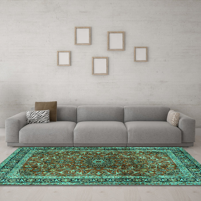 Machine Washable Persian Turquoise Traditional Area Rugs in a Living Room,, wshtr2589turq