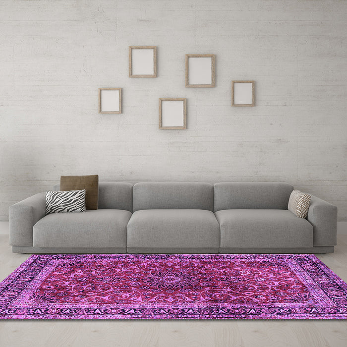 Machine Washable Persian Purple Traditional Area Rugs in a Living Room, wshtr2589pur