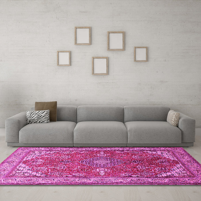 Machine Washable Medallion Pink Traditional Rug in a Living Room, wshtr258pnk