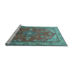Sideview of Machine Washable Medallion Light Blue Traditional Rug, wshtr258lblu