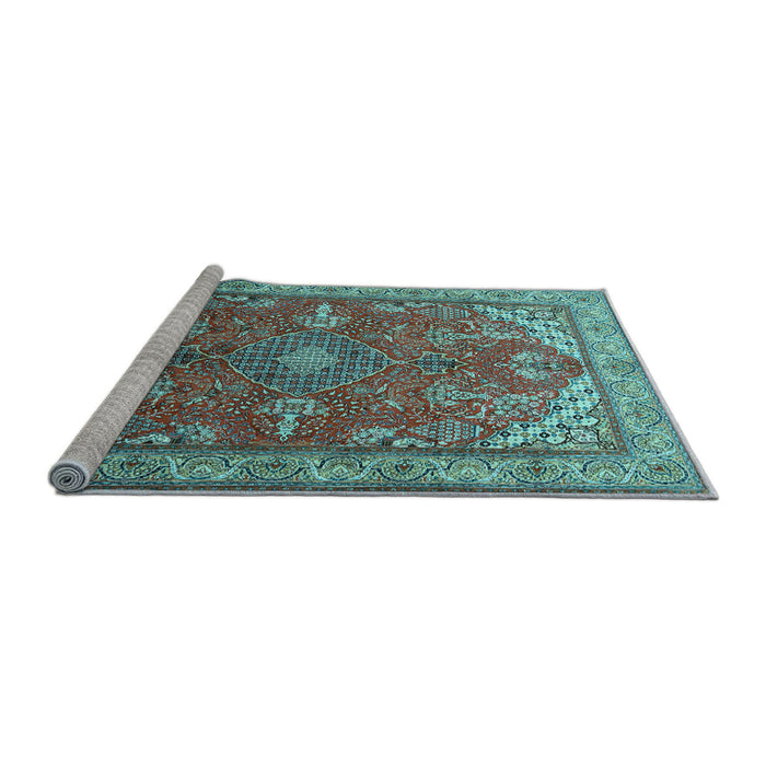 Sideview of Machine Washable Medallion Light Blue Traditional Rug, wshtr258lblu
