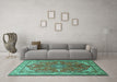 Machine Washable Medallion Turquoise Traditional Area Rugs in a Living Room,, wshtr258turq