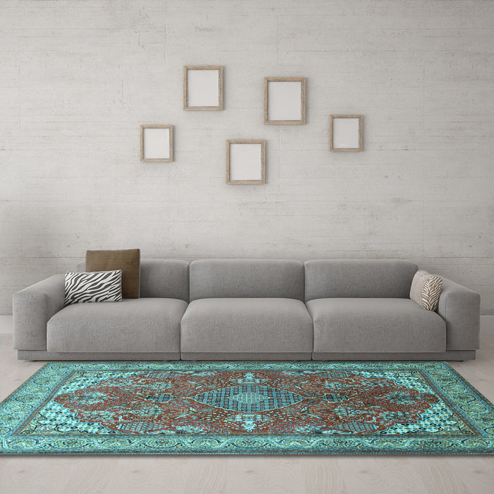 Machine Washable Medallion Light Blue Traditional Rug in a Living Room, wshtr258lblu