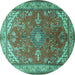 Round Machine Washable Medallion Turquoise Traditional Area Rugs, wshtr258turq