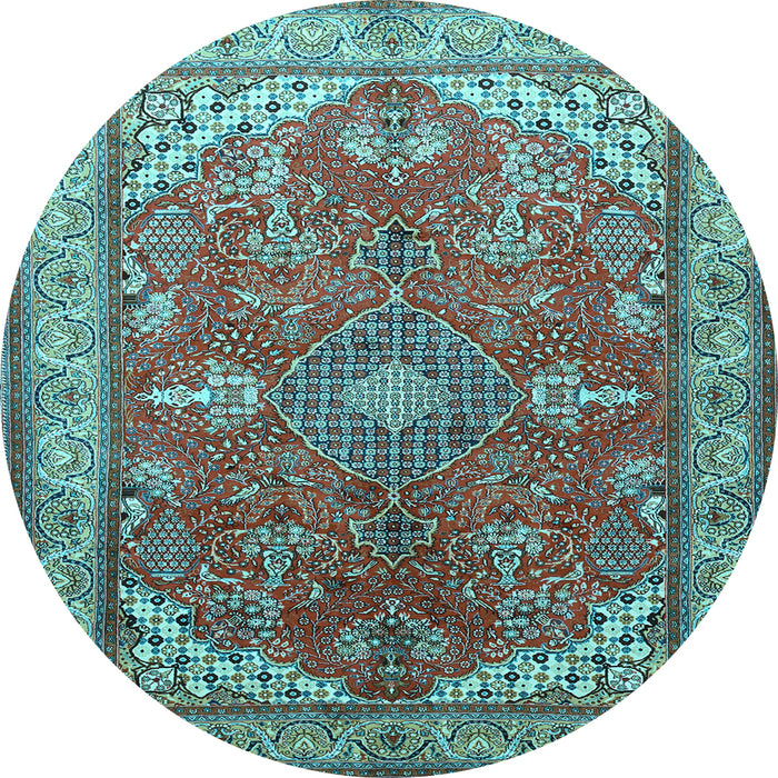 Round Machine Washable Medallion Light Blue Traditional Rug, wshtr258lblu