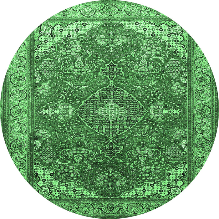 Round Machine Washable Medallion Emerald Green Traditional Area Rugs, wshtr258emgrn