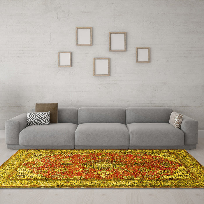 Machine Washable Medallion Yellow Traditional Rug in a Living Room, wshtr258yw