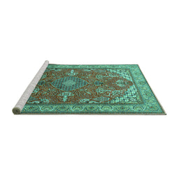 Sideview of Machine Washable Medallion Turquoise Traditional Area Rugs, wshtr258turq